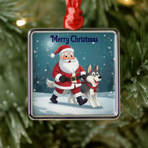 Santa walking a Husky Christmas Ornament