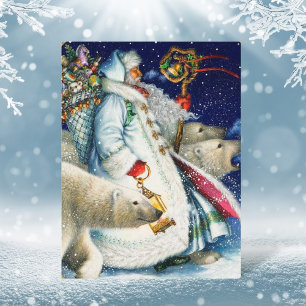 Santa Walking With Polar Bears Holiday Postcard