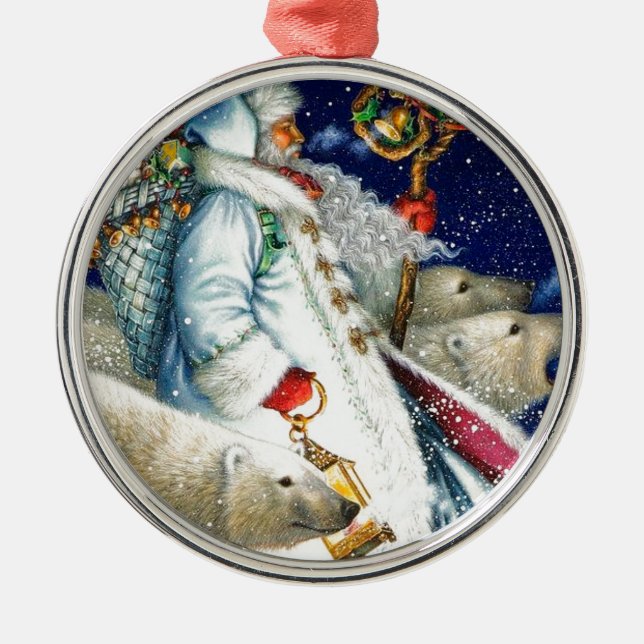 Santa Walking With Polar Bears Metal Ornament (Front)