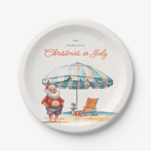Santa Watercolor Christmas in July Summer Party Paper Plate