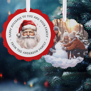 Santa watercolor painting and photo happy holidays tree decoration card