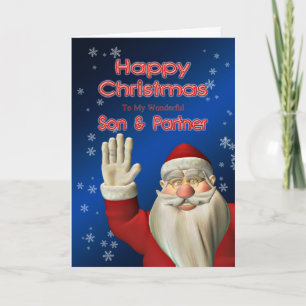 Santa waving Christmas card for son & partner