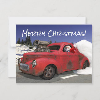 Santa Waving Driving Old 1941 Rusty Hotrod Coupe Holiday Card