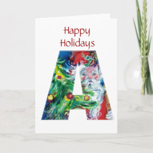 SANTA WITH  BALLOONS AND CHRISTMAS TREE A MONOGRAM HOLIDAY CARD