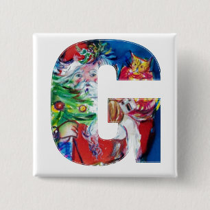 SANTA WITH  BALLOONS AND CHRISTMAS TREE G MONOGRAM 15 CM SQUARE BADGE
