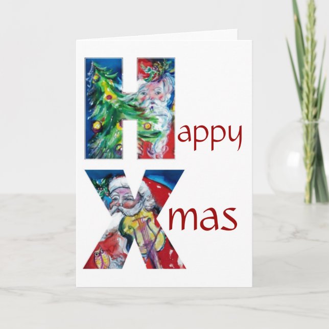 SANTA WITH  BALLOONS AND CHRISTMAS TREE MONOGRAM HOLIDAY CARD (Front)