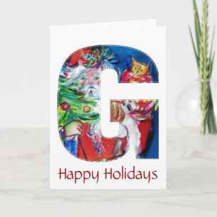 SANTA WITH  BALLOONS AND CHRISTMAS TREE MONOGRAM HOLIDAY CARD