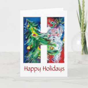 SANTA WITH  BALLOONS AND CHRISTMAS TREE MONOGRAM HOLIDAY CARD