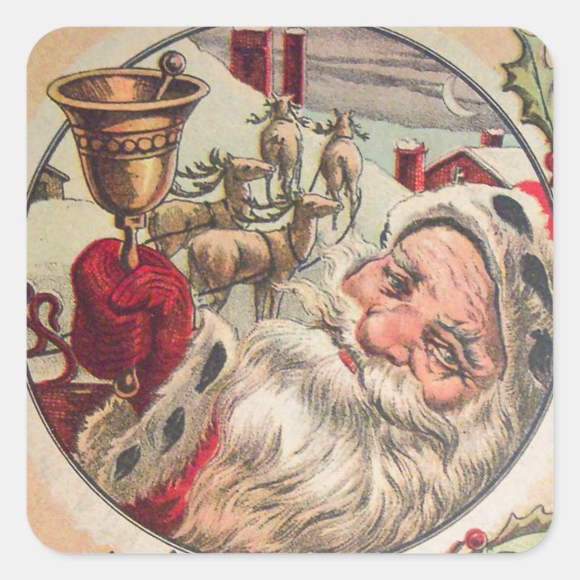 Santa with Bell and Holly Square Sticker (Front)