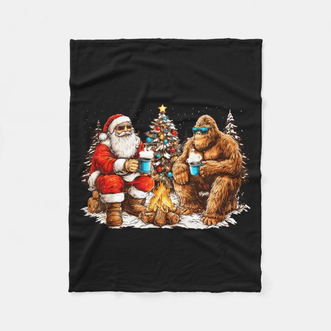 Santa With Bigfoot Christmas Campfire Funny Sasqua Fleece Blanket (Front)