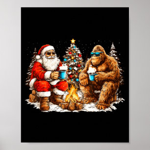 Santa With Bigfoot Christmas Campfire Funny Sasqua Poster