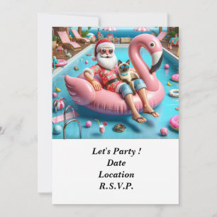 Santa with cat floating in pool Christmas Party Invitation