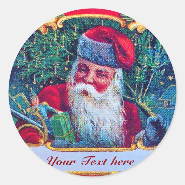 SANTA WITH CHILD IN THE WINTER SNOW CLASSIC ROUND STICKER (Front)