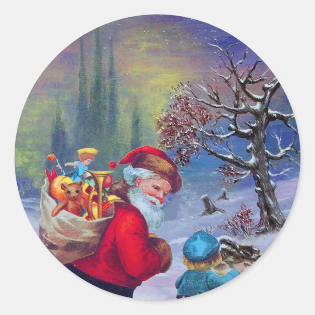 SANTA WITH CHILD IN THE WINTER SNOW CLASSIC ROUND STICKER (Front)