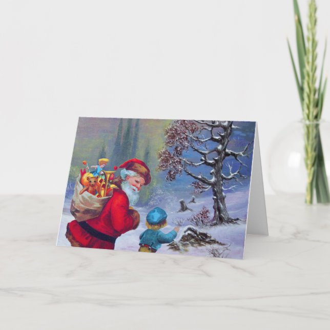 SANTA WITH CHILD IN THE WINTER SNOW LANDSCAPE HOLIDAY CARD (Front)