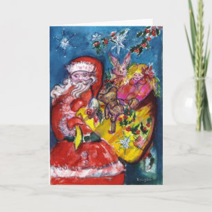 SANTA WITH CHRISTMAS GIFT SACK,TOYS IN SNOW HOLIDAY CARD