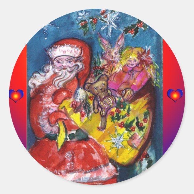 SANTA WITH CHRISTMAS SACK AND GIFTS CLASSIC ROUND STICKER (Front)