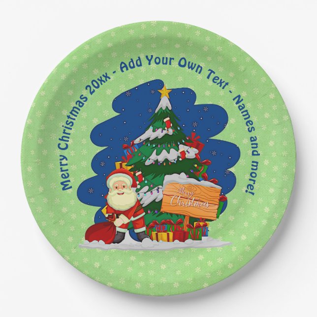 Santa with Christmas Tree 20xx Add Text 9"  Paper Plate (Front)