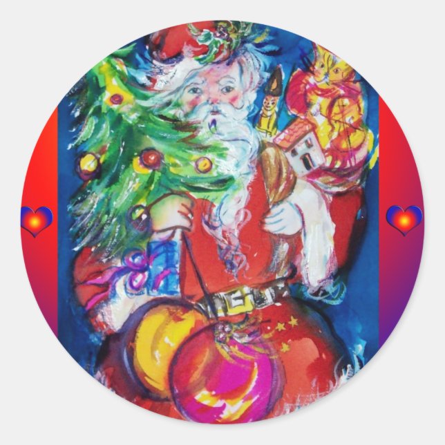 SANTA WITH CHRISTMAS TREE AND GIFTS CLASSIC ROUND STICKER (Front)