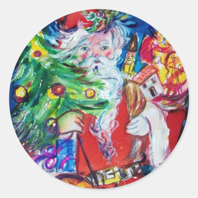 SANTA WITH CHRISTMAS TREE AND GIFTS CLASSIC ROUND STICKER (Front)