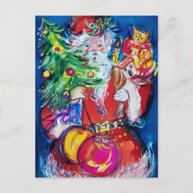 SANTA WITH CHRISTMAS TREE AND GIFTS HOLIDAY POSTCARD (Front)