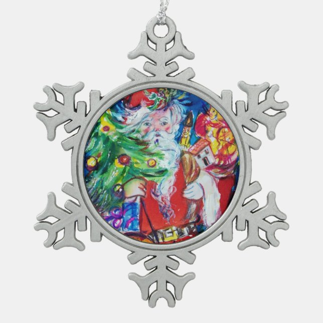 SANTA WITH CHRISTMAS TREE AND GIFTS SNOWFLAKE PEWTER CHRISTMAS ORNAMENT (Front)