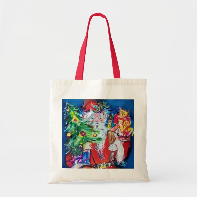 SANTA WITH CHRISTMAS TREE AND GIFTS TOTE BAG (Front)