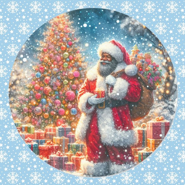 Santa with Christmas Tree & Gifts African American Classic Round Sticker (Creator Uploaded)