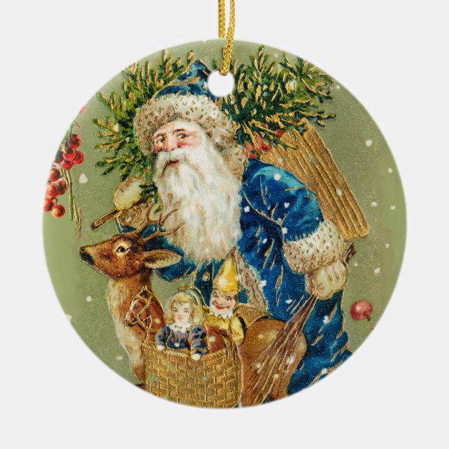 SANTA WITH DEER AND CHRISTMAS GIFTS IN WINTER SNOW CERAMIC ORNAMENT (Front)