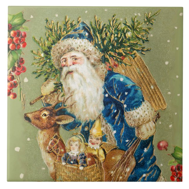 SANTA WITH DEER AND CHRISTMAS GIFTS IN WINTER SNOW CERAMIC TILE (Front)