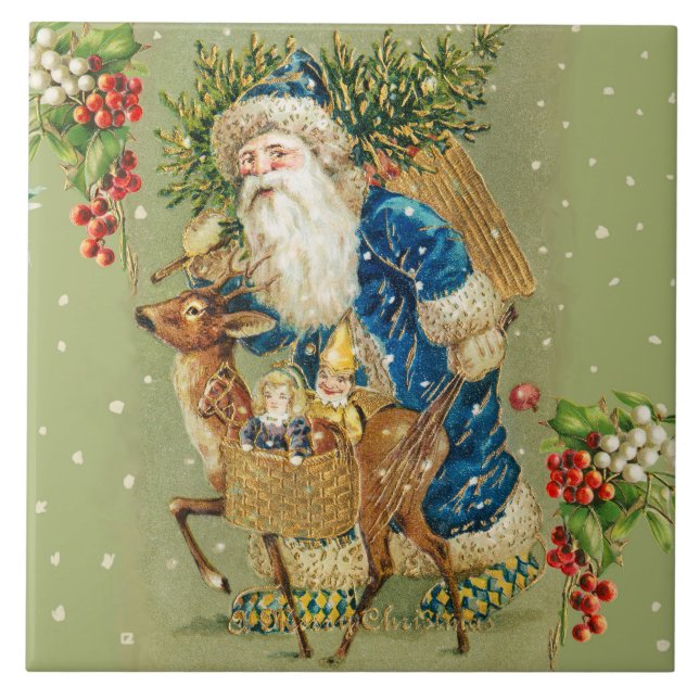 SANTA WITH DEER AND CHRISTMAS GIFTS IN WINTER SNOW CERAMIC TILE (Front)