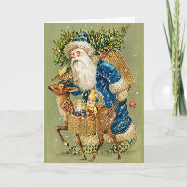 SANTA WITH DEER AND CHRISTMAS GIFTS IN WINTER SNOW HOLIDAY CARD (Front)