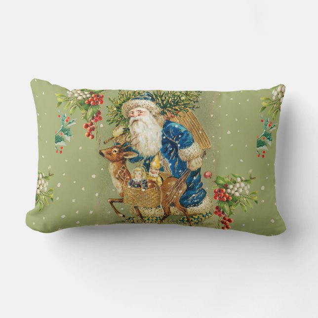 SANTA WITH DEER AND CHRISTMAS GIFTS IN WINTER SNOW LUMBAR CUSHION (Front)