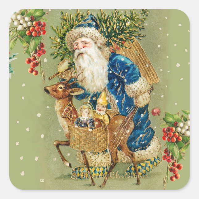 SANTA WITH DEER AND CHRISTMAS GIFTS IN WINTER SNOW SQUARE STICKER (Front)