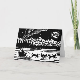 Santa with Dog Sleigh in the Arctic Lino Print Invitation