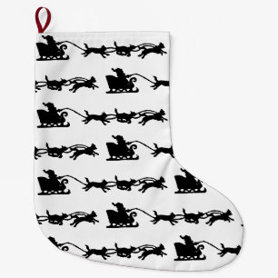 Santa with Dog Sleigh in the Arctic Lino Print Large Christmas Stocking