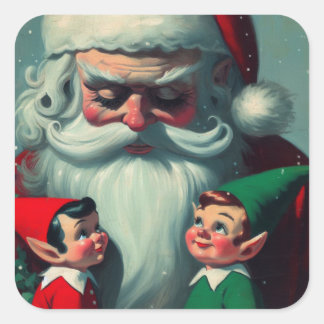 Santa with Elves Retro Christmas Vintage Square Sticker