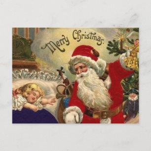 Santa with Gift Cute Baby Girl Vintage Christmas  Holiday Postcard
