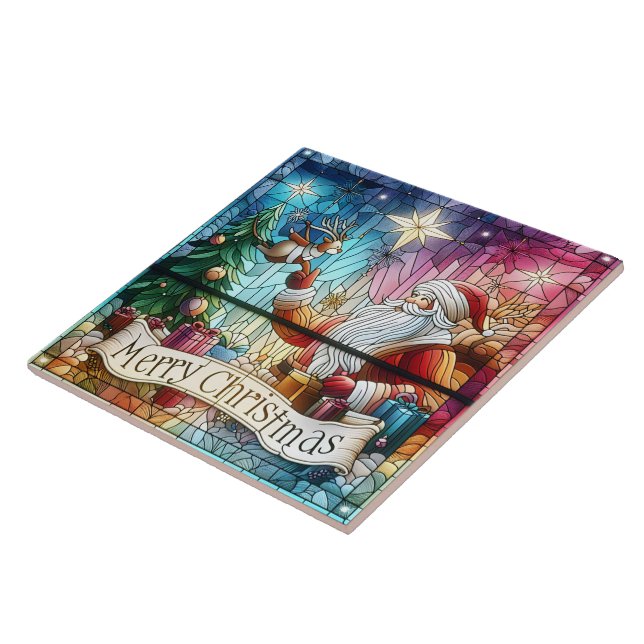 Santa with gifts and a reindeer ceramic tile (Side)