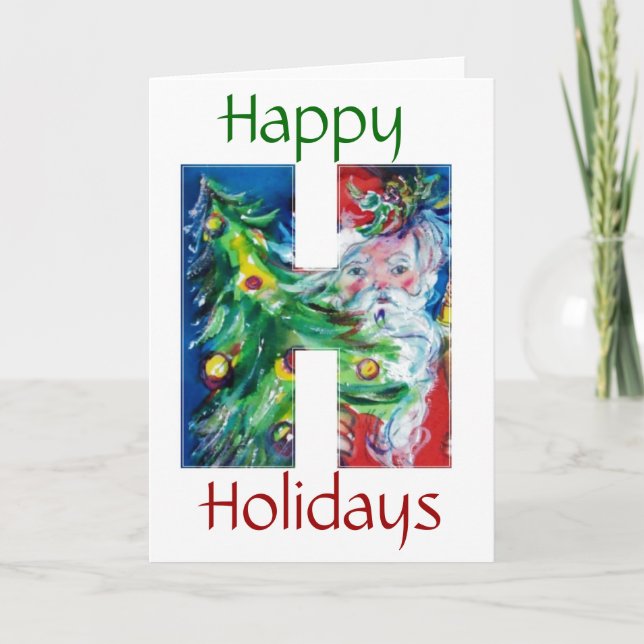 SANTA WITH GIFTS AND CHRISTMAS TREE H MONOGRAM HOLIDAY CARD (Front)