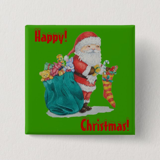 santa with green sack getting ready for christmas 15 cm square badge (Front)