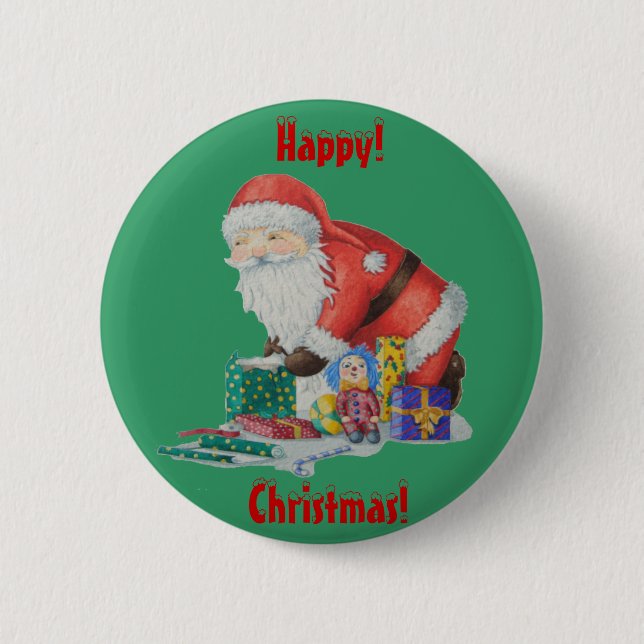 santa with green sack getting ready for christmas 6 cm round badge (Front)