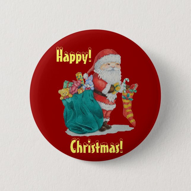 santa with green sack getting ready for christmas 6 cm round badge (Front)