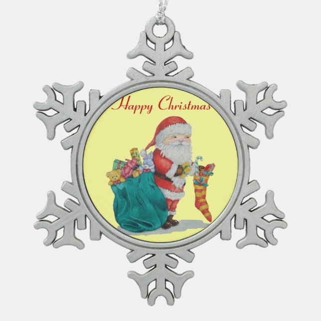 santa with green sack getting ready for christmas snowflake pewter christmas ornament (Front)