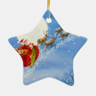 Santa with his flying Reindeer Ceramic Tree Decoration