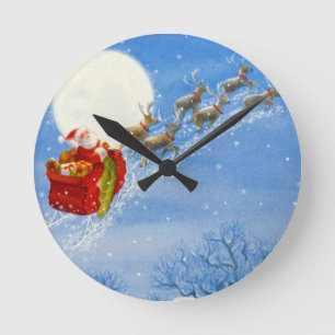 Santa with his flying Reindeer Round Clock