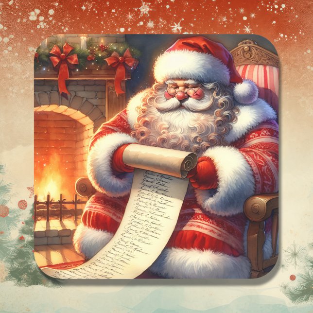 Santa with his List Personalised Square Sticker (Creator Uploaded)