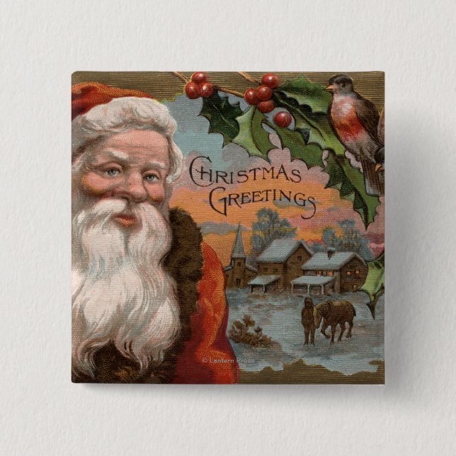 Santa with Holly, Village Scene 15 Cm Square Badge (Front)