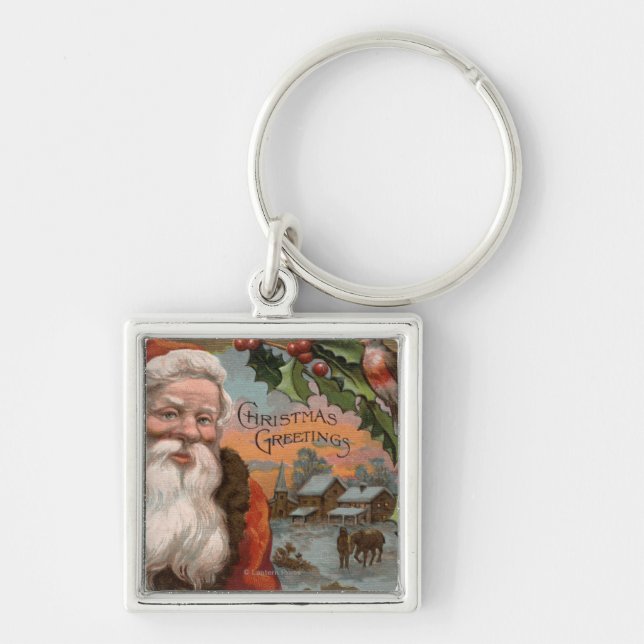 Santa with Holly, Village Scene Key Ring (Front)