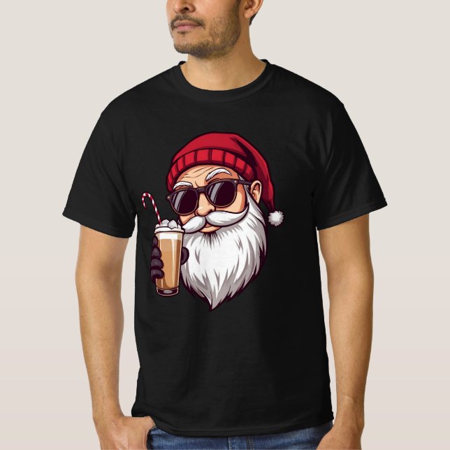 Santa with Iced Coffee – Modern Cool Christmas San T-Shirt (Front)